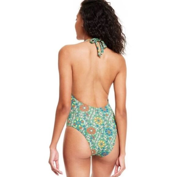 Rhode Zinnia Floral Print Halter High Leg Cheeky One Piece Swimsuit NEW - Picture 5 of 8